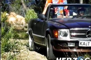 Dirty golden-haired bitch and a pair of hippie men in outdoor threesome