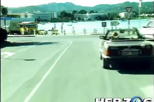 Dirty golden-haired bitch and a pair of hippie men in outdoor threesome