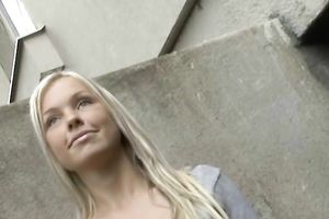 Smiling light-haired princess is afraid of large pricks