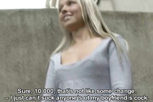 Smiling light-haired princess is afraid of large pricks