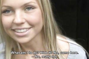 Smiling light-haired princess is afraid of large pricks