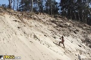 Lovely Euro teenage pair having pleasure in forest and sea