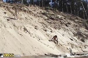 Lovely Euro teenage pair having pleasure in forest and sea