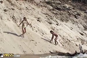Lovely Euro teenage pair having pleasure in forest and sea
