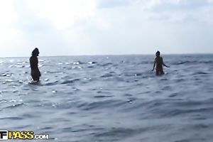 Lovely Euro teenage pair having pleasure in forest and sea