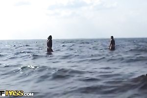 Lovely Euro teenage pair having pleasure in forest and sea