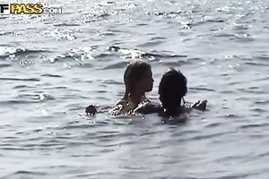 Lovely Euro teenage pair having pleasure in forest and sea