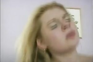 Lovely blond dirty slut wife with miniature whoppers rides hard shlong after engulfing it