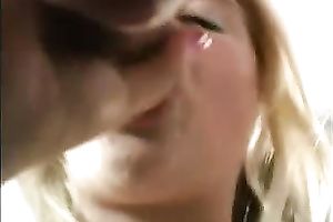 Lovely blond dirty slut wife with miniature whoppers rides hard shlong after engulfing it