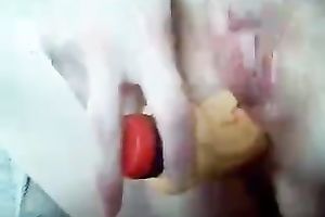 I was grooling whilst shoving my bald love tunnel with big vibrator