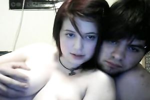 Teen with large scoops and charming face has a foreplay with her BF on cam