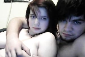 Teen with large scoops and charming face has a foreplay with her BF on cam