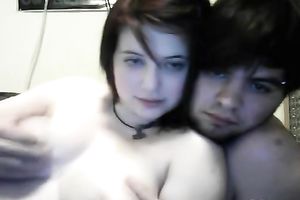 Teen with large scoops and charming face has a foreplay with her BF on cam