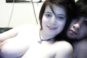 Teen with large scoops and charming face has a foreplay with her BF on cam