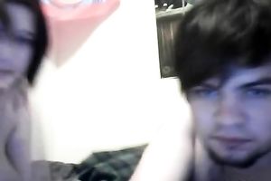 Teen with large scoops and charming face has a foreplay with her BF on cam