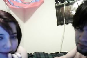 Teen with large scoops and charming face has a foreplay with her BF on cam