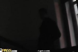 Cute dark brown from Russia likes licking balls of her BF