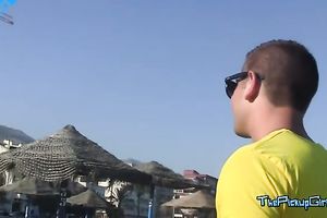 Gorgeous brunette hair doesn't shy away from having sex in public