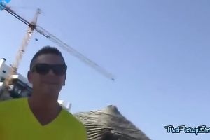 Gorgeous brunette hair doesn't shy away from having sex in public