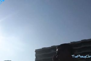 Gorgeous brunette hair doesn't shy away from having sex in public