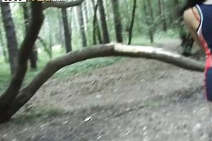 Deep in the woods cute Russian legal age teenager Yulia gives oral sex