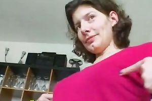 Slutty dark-haired euro slut shows her worn boobies