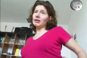 Slutty dark-haired euro slut shows her worn boobies