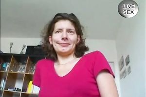 Slutty dark-haired euro slut shows her worn boobies