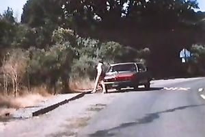 Beautiful light haired white lady has oral job petting outdoors