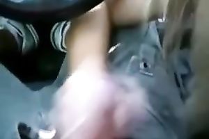 Blond haired non-professional GF of my buddy gives him HJ and BJ in the car