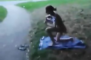 Skinny whore with flat mounds gives me great oral job outdoor