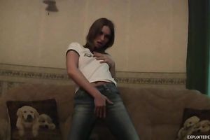 Exclusive juvenile chick with large face hole disrobes on the ottoman