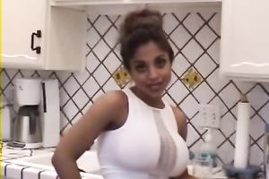 Sporty brunette hair Indian wife shows me her massive fake bazookas in kitchen