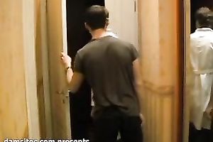 Blonde wench takes a shower and then gets drilled by 2 Asian jerks