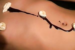 Her palatable cunt receives licked and eaten with jism and banana