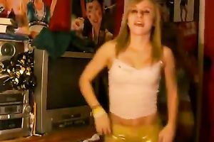Sweet legal age teenager golden-haired sweethearts stripteasing wicked on the web camera