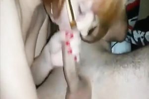 Auburn cutie nympho in dark nylon nylons is willing for Male+Male+Female trio