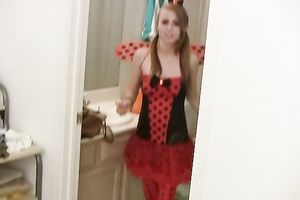 Light haired Halloween honey needs to engulf yummy ramrod for cum