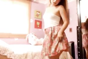 Cute pallid chestnut haired legal age teenager flashes her pleasing milk sacks and hot gazoo