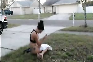 Naughty chick head stand in the front yard all nude