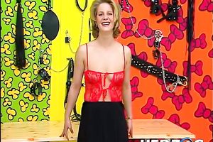 Marvelous elegant blondie strips and masturbates in BDSM style