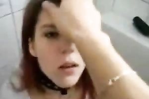 Dyed red haired pale nympho with hot large rack was drilled in the toilet