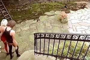 Blonde European sluts on the patio with a bunch of dudes