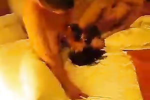 Slutty non-professional dark brown milf and 2 studs for three-some