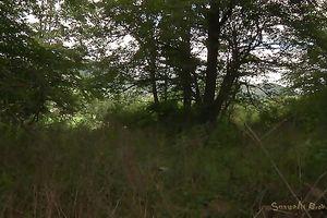 Short haired fastened up wench acquires brutally face hole drilled in the woods