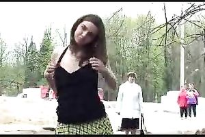 Nasty a-hole Russian girlfriend flashes her mounds and fur pie on public