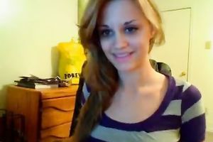 Eye catching zealous auburn web camera chick plays with her constricted boobies