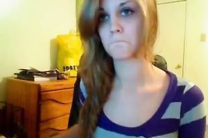 Eye catching zealous auburn web camera chick plays with her constricted boobies