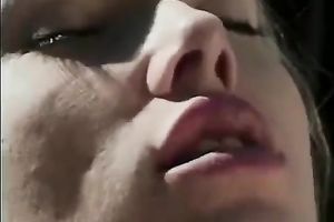 Cute golden-haired playgirl gives oral-stimulation to a white dude outside