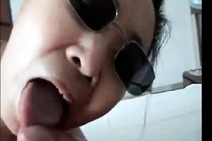 Chubby Asian milf in sunglasses blows curly white knob of her fellow